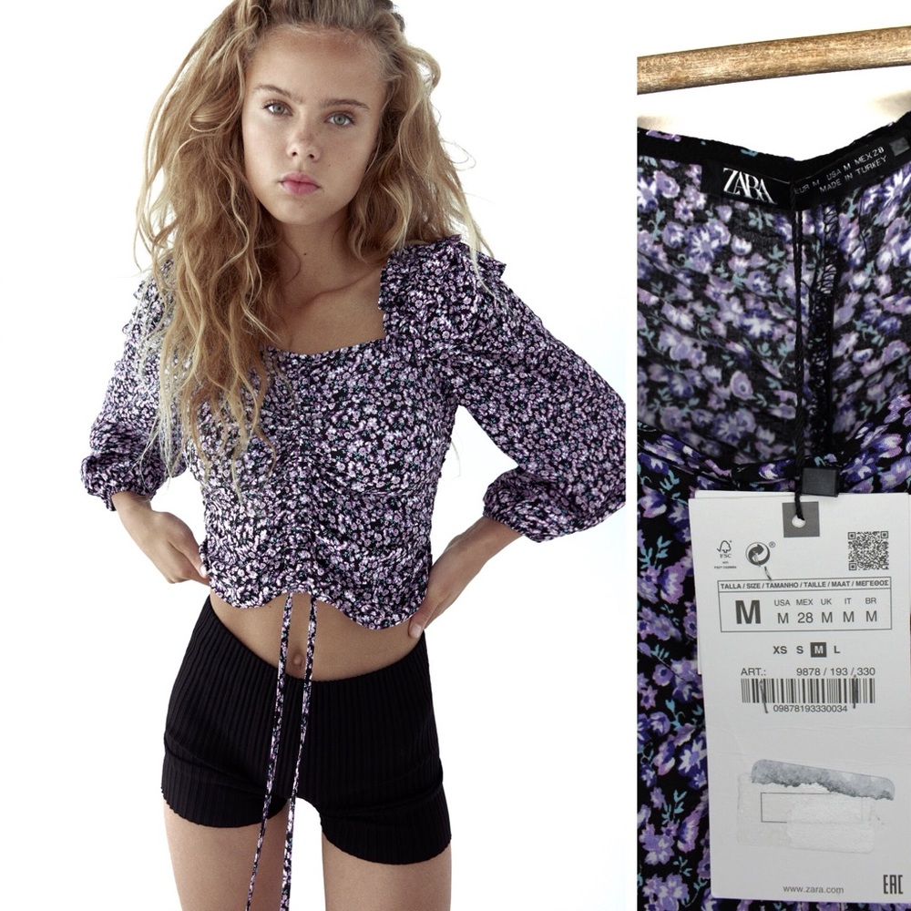 Zara NWT Floral Print Tied Long Sleeve Top Bold Purple Flowers Cropped M